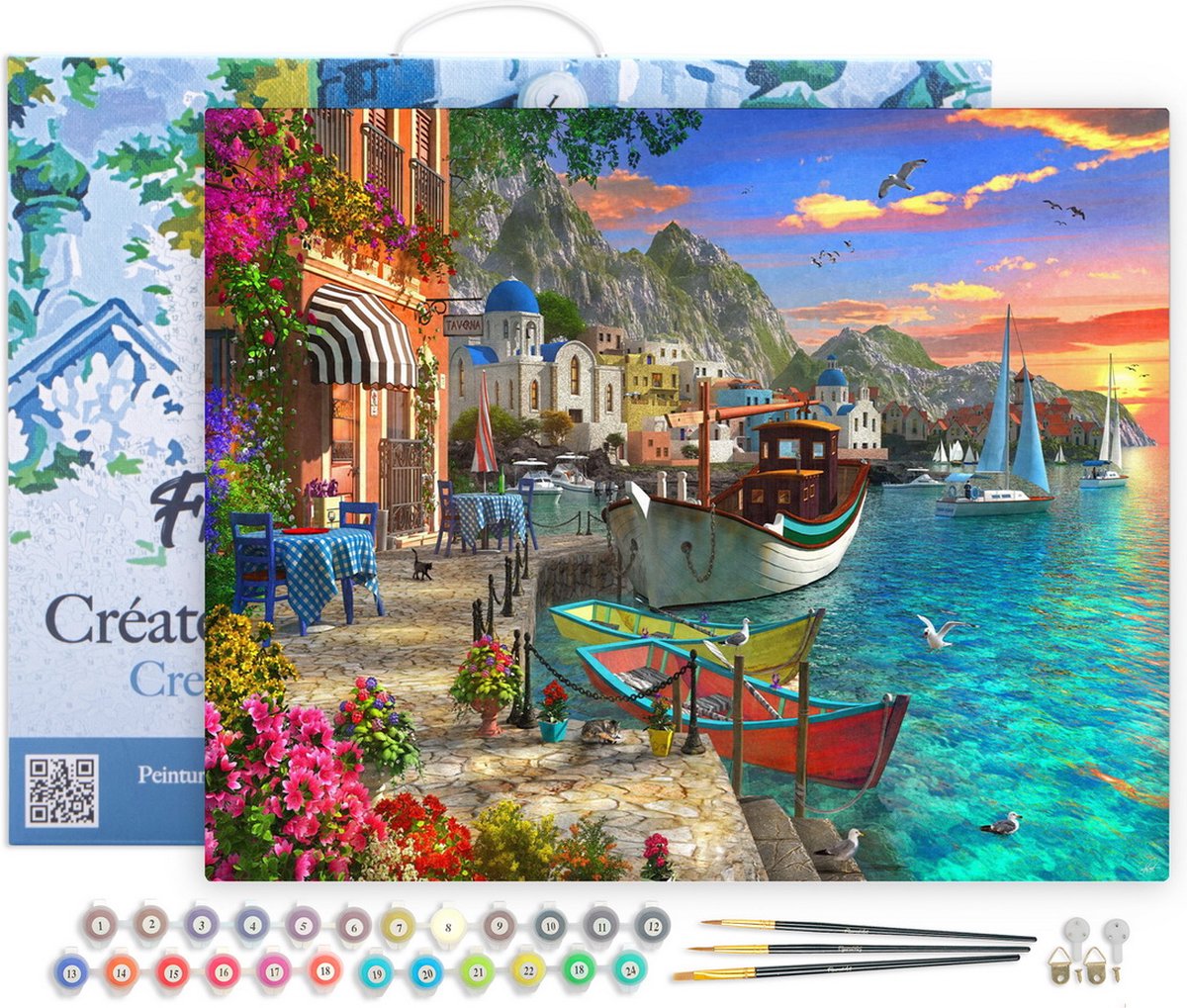 FiguredArt Schilderen op Nummer Volwassenen met lijst - Bloemrijke haven - Handwerk acrylverf Kit DIY Compleet - 40x50cm Canvas al ingelijst